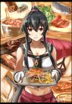  1girl anniversary bacon beef black_hair black_necktie black_sailor_collar blush bread breasts burger chopping cleavage closed_mouth commentary_request cowboy_shot cutting_board eyebrows_visible_through_hair food french_fries gloves grilling hair_between_eyes highres holding kantai_collection large_breasts lettuce long_hair looking_at_viewer midriff navel necktie onion pepper_shaker pink_scrunchie plate pleated_skirt ponytail pouring red_eyes red_skirt sailor_collar salt_shaker school_uniform scrunchie seitei_(04seitei) serafuku shirt sidelocks skirt sleeveless sleeveless_shirt smile solo tomato twitter_username white_gloves white_shirt yahagi_(kancolle) 
