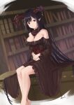  1girl aniso_(nev) black_hair book bookshelf breasts cleavage dress flower highres horns large_breasts long_hair looking_at_viewer nev_(nevblindarts) original pointy_ears rose signature sitting solo very_long_hair 