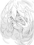  1girl absurdres amrkdrw crazy_eyes drooling fingernails greyscale hair_between_eyes hands_on_own_face highres long_fingernails long_hair lower_teeth monochrome open_mouth original saliva scar scar_on_arm simple_background solo tearing_up teeth white_background wide-eyed 