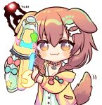  1girl 1other :3 animal_collar animal_ears arm_cannon bone_hair_ornament braid breasts brown_eyes brown_hair cleavage collar commentary_request cosplay dog_ears dog_girl dog_tail dress e.m.m.i._(metroid) e.m.m.i._(metroid)_(cosplay) hair_ornament highres hololive inugami_korone jacket listener_(inugami_korone) mashiro_miru medium_breasts metroid metroid_dread star_(symbol) tail twin_braids virtual_youtuber weapon white_dress wristband yellow_jacket 