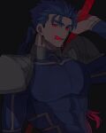  1boy abs armor blue_bodysuit blue_hair bodysuit cu_chulainn_(fate) cu_chulainn_(fate/stay_night) earrings fate/stay_night fate_(series) gae_bolg_(fate) holding holding_polearm holding_weapon jewelry long_hair male_focus muscular muscular_male open_mouth pauldrons pectorals polearm red_eyes shoulder_armor simple_background skin_tight solo spiked_hair tongue tongue_out weapon yap_(dhgrail) 