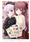  2girls bag black_headwear black_sweater blue_eyes bow brown_hair copyright_name from_side grey_skirt hair_bow hand_on_another&#039;s_shoulder hat highres long_hair looking_at_viewer multiple_girls new_game! official_art page_number plaid plaid_skirt ponytail print_sweater purple_eyes red_bow red_skirt shiny shiny_hair silver_hair skirt sleeves_past_wrists star_(symbol) star_print suzukaze_aoba sweater takimoto_hifumi tokunou_shoutarou v very_long_hair white_sweater 