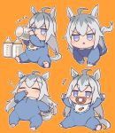  +++ absurdres ahoge animal_ears baby baby_bottle bangs bib blue_eyes blush bottle closed_eyes commentary_request crawling full_body grey_hair highres horse_ears horse_girl horse_tail jitome kusanagi_kaoru long_hair multicolored_hair multiple_views oguri_cap_(umamusume) onesie orange_background pacifier raised_eyebrows simple_background sitting sleeping tail tail_grab thumb_sucking triangle_mouth two-tone_hair umamusume v-shaped_eyebrows younger zzz 