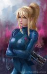  1girl bangs blonde_hair blue_eyes bodysuit breasts justin_paul long_hair looking_at_viewer medium_breasts metroid metroid_dread mole mole_under_mouth ponytail samus_aran simple_background skin_tight smile solo zero_suit 