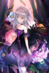 1girl bangs bare_shoulders breasts choker closed_mouth detached_sleeves dress eyebrows_visible_through_hair feathers flower grey_eyes grey_hair highres kazu_(muchuukai) long_hair looking_at_viewer original small_breasts solo standing 
