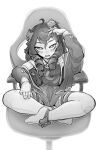  1girl ahoge ankle_bow bangs blob bow centi_(nimu) chair commentary_request curly_hair dress fang gaming_chair glitchrod greyscale hair_bow hair_ornament hair_tucking hair_twirling hand_in_hair highres hood hooded_jacket indian_style indie_virtual_youtuber jacket legs long_hair long_sleeves monochrome moon_print nimu_(vtuber) no_shoes off-shoulder_shirt off_shoulder open_mouth ringlets shirt sitting spanish_commentary star_(symbol) star_hair_ornament starry_sky_print teeth thigh_strap thighhighs white_legwear 