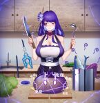  1girl alternate_costume bangs black_power-98-1-15 blunt_bangs blush bottle breasts cabbage cabinet cleavage collarbone commentary_request cutting_board dual_wielding electricity eyebrows_visible_through_hair fish genshin_impact hair_between_eyes hair_ornament holding holding_knife holding_ladle kitchen kitchen_knife knife ladle large_breasts lightning long_hair looking_away looking_to_the_side low_ponytail mole mole_under_eye polearm pot purple_eyes purple_hair raiden_shogun sidelocks sink slime_(genshin_impact) spear squid tentacles translation_request weapon 