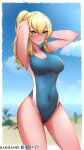  1girl 3d_background absurdres adjusting_hair alternate_costume armpits arms_behind_head bangs beach blonde_hair blue_eyes blue_sky blue_swimsuit blurry blush bow breasts cleavage competition_swimsuit depth_of_field detached_sleeves eyebrows_visible_through_hair genshin_impact hair_between_eyes hair_bow hair_ribbon highleg highres horizon jean_(genshin_impact) kamilisme long_hair long_sleeves looking_at_viewer ocean one-piece_swimsuit ponytail ribbon sidelocks sky solo swimsuit 