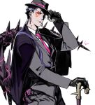  1boy alternate_costume beads black_gloves blue_hair cane closed_mouth cu_chulainn_(fate) cu_chulainn_alter_(fate/grand_order) dark_blue_hair dark_persona earrings facepaint fate/grand_order fate_(series) fedora formal gloves hair_beads hair_ornament hat heroic_spirit_formal_dress iz_izhara jacket jewelry long_hair long_sleeves looking_at_viewer male_focus monster_boy necktie ponytail red_eyes simple_background solo spikes suit tail white_background 
