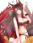  1girl akagi_(azur_lane) akagi_(paradise_amaryllis)_(azur_lane) animal_ears azur_lane bangs bikini black_bikini blush breasts brown_hair cleavage commentary cowboy_shot eyebrows_visible_through_hair flower fox_ears fox_girl fox_tail gradient_hair hair_flower hair_ornament halterneck highres large_breasts long_hair looking_at_viewer milo1205 multicolored_hair multiple_tails official_alternate_costume open_mouth parted_bangs red_bikini red_eyes red_hair sarong scrunchie sidelocks signature simple_background smile solo spider_lily swimsuit tail two-tone_hair white_background wrist_scrunchie 