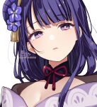  1girl bangs blue_flower breasts cleavage closed_mouth eyebrows_visible_through_hair flower genshin_impact hair_flower hair_ornament looking_at_viewer purple_eyes purple_hair raiden_shogun signature simple_background sofra solo twitter_username upper_body wavy_mouth white_background 