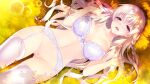  1girl bangs bra braid breasts censored cleavage collarbone dappled_sunlight eyebrows_visible_through_hair from_above game_cg garter_belt hair_between_eyes half-closed_eyes large_breasts lens_flare lingerie long_hair looking_at_viewer lying mosaic_censoring navel no_panties official_art on_back open_mouth purple_eyes pussy pussy_juice renjouji_mai secret_agent_~kishi_gakuen_no_shinobi_naru_mono~ silver_hair solo sunlight thighhighs underwear very_long_hair white_bra white_legwear 