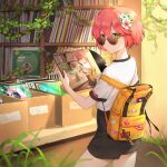  1girl backpack badge bag bookshelf box button_badge cardboard_box commentary cowboy_shot expressionless flower green_eyes hair_between_eyes hair_flower hair_ornament highres holding looking_at_viewer looking_back looking_over_eyewear original plant record_jacket recursion red_hair reiji-rj russian_commentary shirt short_hair shorts solo sticker sunglasses t-shirt vines yellow-framed_eyewear 