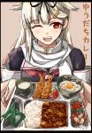  1girl alcohol black_ribbon black_serafuku blonde_hair blush bowl brown_background cowboy_shot cup curry curry_rice egg eyebrows_visible_through_hair food gari_(food) garlic hair_flaps hair_ornament hair_ribbon hairclip highres hiragana holding kantai_collection katakana leaf lettuce long_hair looking_at_viewer mochi neckerchief one_eye_closed open_mouth plate pork potato red_eyes red_neckerchief ribbon rice sailor_collar sake scarf school_uniform seitei_(04seitei) serafuku short_sleeves shrimp shrimp_tempura simple_background smile solo tempura tomato twitter_username uniform white_sailor_collar yuudachi_(kancolle) 