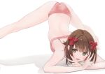  1girl absurdres amami_haruka back bare_legs barefoot blush bra breasts brown_hair commentary crossed_arms double_v eyebrows_visible_through_hair foot_out_of_frame green_eyes hair_between_eyes hair_ribbon highres idolmaster jack-o&#039;_challenge looking_at_viewer medium_breasts neko_no_youchuu open_mouth panties pink_bra pink_panties red_ribbon ribbon shadow short_hair simple_background smile solo spread_legs top-down_bottom-up underwear underwear_only v white_background 