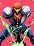  1girl arm_cannon armor breasts glowing gun helmet long_hair looking_at_viewer metroid metroid_dread power_armor power_suit ross_tran samus_aran science_fiction simple_background solo visor weapon 