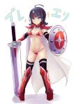  1girl ahoge armor armored_boots ass_visible_through_thighs bangs bikini_armor black_hair blue_eyes blush boots breasts cape collarbone cosplay elizabeth_bathory_(brave)_(fate) elizabeth_bathory_(brave)_(fate)_(cosplay) elizabeth_bathory_(fate) fate/grand_order fate/requiem fate_(series) full_body highres large_breasts looking_at_viewer magatama magatama_hair_ornament medium_hair multicolored_hair navel pauldrons pink_hair red_armor sen_(astronomy) shield shoulder_armor silver_trim streaked_hair sword translation_request utsumi_erise vambraces weapon white_cape 