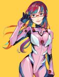  1girl absurdres adjusting_eyewear black_gloves blue_eyes bodysuit breasts glasses gloves hand_up highres long_hair looking_at_viewer makinami_mari_illustrious multicolored_hair neon_genesis_evangelion pink_bodysuit rebuild_of_evangelion richard_(ri39p) simple_background small_breasts smile solo standing yellow_background 