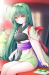  1girl :o ahoge bangs blurry blurry_background brown_eyes commentary depth_of_field eyebrows_visible_through_hair feet_out_of_frame food gradient_kimono green_hair green_hairband green_kimono hairband japanese_clothes kimono looking_at_viewer muneate murano parted_lips short_sleeves sitting solo tasuki touhoku_zunko voiceroid white_kimono 