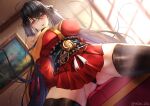  1girl :d absurdres ahoge ass_visible_through_thighs azur_lane bangs black_hair black_legwear black_panties blush breasts couch crossed_bangs dutch_angle hair_between_eyes hair_ribbon highres japanese_clothes kimono kimono_skirt large_breasts lipgloss long_hair miniskirt misa_pika obi off-shoulder_kimono on_couch open_mouth panties pantyshot picture_(object) picture_frame pleated_skirt red_eyes red_ribbon red_skirt ribbon sash sitting skirt smile solo spread_legs sunlight taihou_(azur_lane) thighhighs thighs twintails twitter_username underwear very_long_hair window 