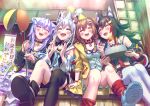  4girls :d ^_^ animal_ears aomaru_kazumi birthday_cake black_hair blush brown_hair cake cat_ears cat_girl closed_eyes dog_ears dog_girl fangs food fox_ears fox_girl hat highres hololive hololive_gamers inugami_korone multiple_girls nekomata_okayu ookami_mio open_mouth party_hat purple_hair shirakami_fubuki silver_hair sitting smile virtual_youtuber wolf_ears wolf_girl 