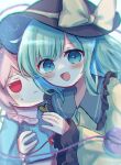  2girls :d :| absurdres bangs black_headwear blue_shirt blush closed_mouth dorowa_(drawerslove) frilled_shirt_collar frilled_sleeves frills fumo_(doll) gem green_eyes green_hair happy hat hat_ribbon highres komeiji_koishi komeiji_satori long_sleeves looking_at_viewer multiple_girls open_mouth pink_hair red_eyes ribbon shirt short_hair siblings simple_background sisters smile string sweatdrop third_eye touhou upper_body white_background wide_sleeves yellow_ribbon 