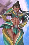  1girl :d abs absurdres armor armored_boots bangs bikini black_hair blue_sky blurry blurry_background blush boots breasts cherry_blossoms commentary cowboy_shot crop_top dark_skin day eyebrows_visible_through_hair faulds floating_hair from_below gauntlets green_armor green_eyes green_footwear hair_between_eyes high_ponytail highres long_hair looking_to_the_side medium_breasts midriff monster_hunter_(character) monster_hunter_(series) monster_hunter_rise muscular muscular_female navel open_mouth shoulder_armor sidelocks sky smile solo standing swimsuit teeth toin_(koto54576897) tree upper_teeth white_bikini zinogre_(armor) 