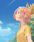  1girl blue_sky brown_eyes flower highres idolmaster idolmaster_cinderella_girls orange_hair outdoors profile ryuuzaki_kaoru shirt short_hair sky smile solo sunflower upper_body yama_tatsuo yellow_shirt 