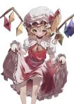  1girl :q ascot bangs blonde_hair blush clothes_lift crystal dd9 eyebrows_visible_through_hair flandre_scarlet frilled_shirt_collar frilled_skirt frills hat hat_ribbon highres looking_at_viewer mob_cap petticoat puffy_short_sleeves puffy_sleeves red_eyes red_skirt red_vest ribbon short_hair short_sleeves side_ponytail skirt skirt_lift solo standing tongue tongue_out touhou vest wings wrist_cuffs yellow_ascot 