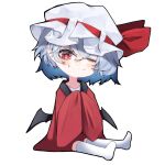  1girl bangs bat_wings chibi closed_mouth commentary_request eyebrows_visible_through_hair fang fang_out hair_between_eyes hat highres looking_at_viewer mob_cap one_eye_closed red_eyes remilia_scarlet short_hair simple_background sitting smile solo touhou tsune_(tune) white_background wings 