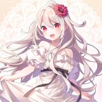  1girl :d bangs bare_shoulders black_ribbon blush commission dress eyebrows_visible_through_hair flower hair_between_eyes hair_flower hair_ornament holding holding_clothes holding_dress levka long_hair looking_at_viewer open_mouth original pixiv_request red_eyes ribbon short_sleeves silver_hair smile white_dress 