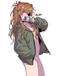  1girl absurdres blue_eyes blush breasts brown_hair character_name cleavage commentary cowboy_shot evangelion:_3.0+1.0_thrice_upon_a_time eyepatch game_boy green_jacket hair_ornament hand_in_pocket handheld_game_console highres holding hood hood_down hooded_jacket jacket long_hair long_sleeves looking_at_viewer navel neon_genesis_evangelion no_bra one_eye_covered open_clothes open_jacket panties rebuild_of_evangelion simple_background small_breasts solo souryuu_asuka_langley two_side_up underwear unzipped white_background white_panties yamashita_shun&#039;ya zipper_pull_tab 