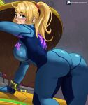  1girl absurdres ass bangs blonde_hair blue_bodysuit blue_eyes blush bodysuit breasts commentary echo_saber english_commentary high_heels high_ponytail highres large_breasts long_hair looking_at_viewer metroid metroid_dread mole mole_under_mouth ponytail rain samus_aran sidelocks simple_background skin_tight smile solo zero_suit 
