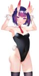  1girl absurdres animal_ears armpits arms_up bangs bare_shoulders black_legwear black_leotard blush bob_cut breasts bunny_pose covered_navel detached_collar eyebrows_visible_through_hair eyeliner fake_animal_ears fate/grand_order fate_(series) highleg highleg_leotard highres horns leotard licking_lips looking_at_viewer makeup oni oni_horns playboy_bunny purple_eyes purple_hair rabbit_ears rabbit_tail sabi_(rupf2384) short_hair shuten_douji_(fate) skin-covered_horns small_breasts smile solo tail thighhighs tongue tongue_out white_background wrist_cuffs 