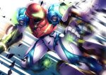  1girl arm_cannon arm_grab e.m.m.i._(metroid) highres looking_at_another metroid metroid_dread motion_blur power_armor robot samus_aran shards visor weapon yupi828 