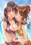  2girls bangs bare_shoulders bikini black_hair blue_sky blush breasts brown_eyes brown_hair chiyosuke_(nosuke21) cleavage collarbone day eyebrows_visible_through_hair frilled_bikini frilled_swimsuit frills fujiwara_hajime hair_between_eyes hair_bun hair_ornament hand_grab highres holding_hands idolmaster idolmaster_cinderella_girls interlocked_fingers long_hair looking_at_viewer medium_breasts multiple_girls open_mouth outdoors purple_eyes sky small_breasts smile swimsuit takamori_aiko yellow_eyes yuri 