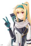  1girl artist_name black_bodysuit blonde_hair bodysuit bolt_action bow closed_mouth eyebrows_visible_through_hair gamryous girls&#039;_frontline gloves green_bow green_hairband gun hair_bow hairband highres jacket light_blush long_hair looking_at_viewer mod3_(girls&#039;_frontline) multicolored_clothes multicolored_gloves ponytail red_eyes rifle russian_flag scarf simple_background smile sniper_rifle solo sv-98 sv-98_(girls&#039;_frontline) turtleneck upper_body v weapon white_background white_jacket white_scarf 