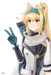  1girl :3 among_us animal_ear_fluff animal_ears arknights artist_name black_bodysuit blonde_hair bodysuit bolt_action bow cat_ears closed_mouth crewmate_(among_us) eyebrows_visible_through_hair fang fang_out gamryous girls&#039;_frontline gloves green_bow green_hairband gun hair_bow hairband highres jacket light_blush long_hair looking_at_viewer mod3_(girls&#039;_frontline) multicolored_clothes multicolored_gloves ponytail red_eyes rifle russian_flag scarf simple_background skin_fang smile sniper_rifle solo sora_(arknights) sv-98 sv-98_(girls&#039;_frontline) turtleneck upper_body v weapon white_background white_jacket white_scarf 