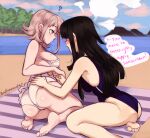  2girls artist_name ass bad_anatomy badlavender bangs bare_arms bare_shoulders barefoot beach bikini black_hair blue_swimsuit blunt_bangs blush breasts brown_hair commentary danganronpa_(series) danganronpa_2:_goodbye_despair english_commentary english_text feet foot_out_of_frame frilled_bikini frills grey_bikini hand_on_another&#039;s_ass highres large_breasts leaning_forward looking_at_another medium_breasts medium_hair mole mole_on_breast multiple_girls nanami_chiaki ocean one-piece_swimsuit open_mouth profile shiny shiny_skin short_hair soles swimsuit toes tsumiki_mikan yuri 