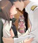  1boy 2girls admiral_(kancolle) alexzhang anger_vein apron brown_hair commentary_request flat_chest grey_hair headband headgear heart heart_print hetero high_ponytail highres japanese_clothes kantai_collection long_hair long_sleeves military military_uniform multiple_girls muneate naval_uniform omelet pink_apron plate revision standing taihou_(kancolle) tamagoyaki uniform zuihou_(kancolle) 