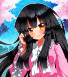  1girl bangs black_hair blouse blue_sky blush bow bowtie breasts buttons cherry_blossoms eyebrows_visible_through_hair hair_between_eyes hand_in_hair hand_up houraisan_kaguya long_hair long_sleeves looking_at_viewer medium_breasts multicolored_eyes open_mouth pink_blouse pink_sleeves qqqrinkappp red_eyes shikishi sky smile solo touhou traditional_media tree white_bow white_bowtie wide_sleeves yellow_eyes 