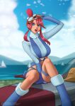  1girl :d blue_eyes blue_footwear blue_gloves blue_jacket blue_shorts boots breasts cloud commentary cropped_jacket day deilan12 english_commentary eyelashes eyeshadow gloves goggles goggles_on_head hair_ornament highres jacket makeup one_side_up open_mouth outdoors pokemon pokemon_(game) pokemon_bw red_eyeshadow red_hair short_hair_with_long_locks short_shorts shorts sidelocks sitting sky skyla_(pokemon) smile solo teeth thigh_pouch tied_hair tongue turtleneck upper_teeth watermark web_address 