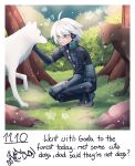  1boy :d ahoge android animal bangs bush cheer_(cheerkitty14) commentary danganronpa_(series) danganronpa_v3:_killing_harmony english_commentary english_text from_side grass green_eyes grey_hair highres keebo long_sleeves looking_at_animal male_focus open_mouth outdoors power_armor short_hair smile teeth tree upper_teeth wolf 