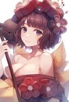  1girl ayuanlv back_bow bangs black_flower black_kimono blunt_bangs blush bow breasts brown_hair cleavage closed_mouth collarbone creature fate/grand_order fate_(series) flower hair_flower hair_ornament holding japanese_clothes katsushika_hokusai_(fate) kimono kimono_pull large_bow looking_at_viewer medium_breasts octopus off_shoulder purple_eyes red_flower short_hair simple_background smile solo_focus tokitarou_(fate) upper_body white_background yellow_bow 
