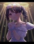  1girl angel_wings black_hair clenched_hands collarbone commentary_request dress flower flower_wreath fukumaru_koito hair_flower hair_ornament halo highres idolmaster idolmaster_shiny_colors jewelry looking_at_viewer medium_hair necklace purple_eyes solo soppppphie twintails white_dress wings wrist_cuffs 