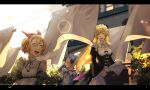  3girls :d bangsutur blonde_hair blue_hair dress frederica_baumann frilled_dress frills green_eyes hair_bun hair_ornament highres laundry laundry_basket long_hair maid maid_headdress meili_portroute multiple_girls open_mouth orange_hair petra_leyte re:zero_kara_hajimeru_isekai_seikatsu ribbon sharp_teeth short_hair smile teeth tree 