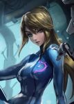  1girl bangs blonde_hair blue_bodysuit blue_eyes bodysuit breasts gun high_ponytail imdrunkontea large_breasts long_hair looking_at_viewer metroid metroid_dread mole mole_under_mouth ponytail samus_aran sidelocks simple_background skin_tight smile solo weapon zero_suit 