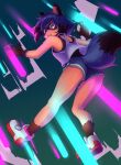  1girl animal_ears animal_nose black_hair blue_eyes blue_hair blue_shorts body_fur brand_new_animal brown_fur cheenack dolphin_shorts fangs fingernails from_side full_body furry furry_female highres kagemori_michiru looking_at_viewer looking_back multicolored_background multicolored_hair open_mouth raccoon_ears raccoon_girl raccoon_tail sharp_fingernails shoes short_hair short_shorts shorts sneakers solo tail tail_through_clothes tanuki teeth two-tone_hair upper_teeth 