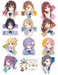  22/7 6+girls ahoge bangs black_hair blonde_hair blue_eyes blue_hair bow braid brown_eyes brown_hair flower fujima_sakura glasses hair_ornament hair_ribbon hair_rings highres hiiragi_tsubomi horiguchi_yukiko kamiki_mikami kouno_miyako long_hair looking_at_viewer maruyama_akane multiple_girls official_art one_eye_closed open_mouth pink_hair purple_eyes purple_hair red_eyes red_hair ribbon saitou_nicole satou_reika school_uniform shirt short_hair smile tachikawa_ayaka takigawa_miu toda_jun toujou_yuuki twintails v 