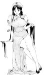  1girl absurdres bangs banned_artist breasts closed_mouth commentary_request greyscale highres hong_meiling kamiyama_aya large_breasts monochrome simple_background sitting smile solo touhou white_background 